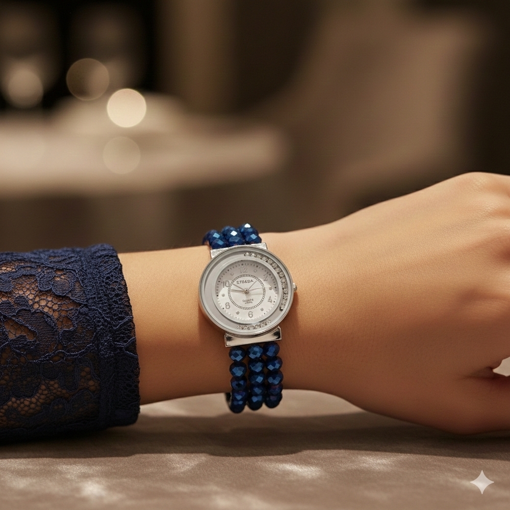 Strada Silver Watch with Blue Beaded Strap